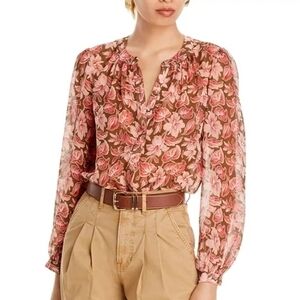 Veronica Beard Pink Floral Sheer Long-Sleeve Blouse